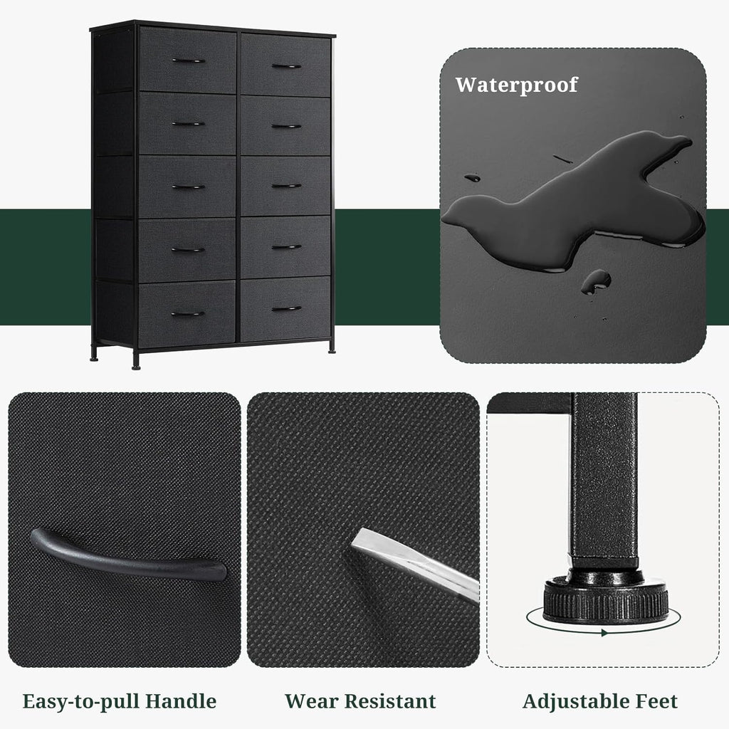 Regine Switzerland 10-Drawer Dresser - Anti-Tip Tall Storage Organizer with Wooden Top & Metal Frame | Black