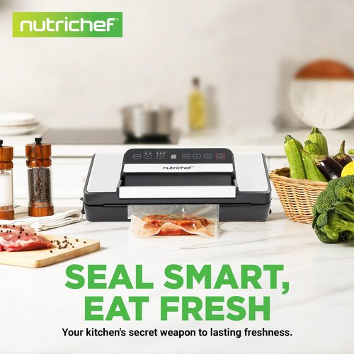 NutriChef Vacuum Sealer for Food with Easy Lock Handle, Countertop Vacuum Sealer Machine for Dry, Moist, Liquid Items, Works with Reusable Vacuum Seal Bags and Rolls, Preserves Freshness