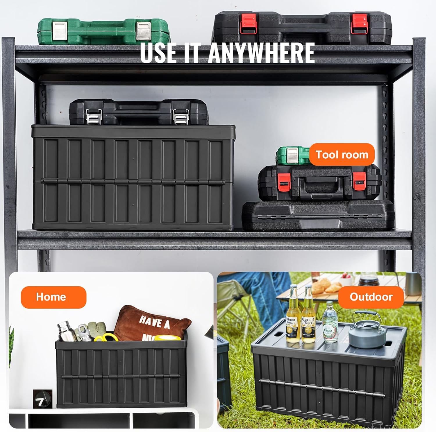 VEVOR 65L Collapsible Storage Bins - Stackable Utility Crates with Lids for Organizing Tools & More
