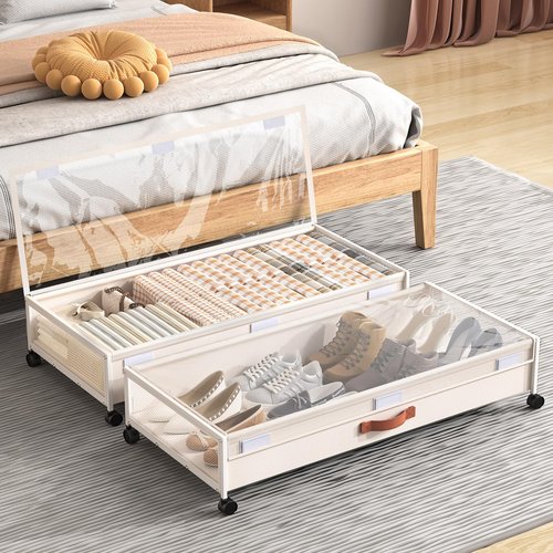 Under Bed Storage Containers with Wheels Large Underbed Shoes Blankets Clothes Toy Storage Drawers for College Dorms Bedrooms Nursery Rooms Organization (White 2 Pack, 7.5in height(36"x16.6"x7.48"))