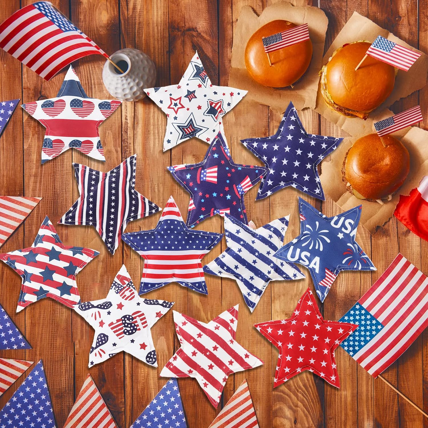 Oudain 15 Pcs Large 5-Inch Patriotic Star Ornaments - Stuffed Fabric Decor for 4th of July, Red White & Blue