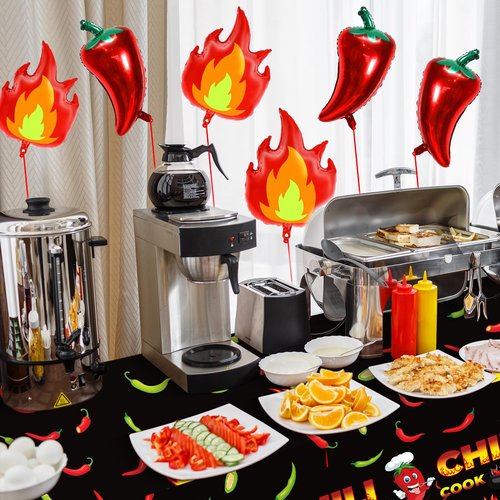 10 Pcs Chili Cook Off Decorations Set Chili Cook Off Banner Chili Pepper Disposable Tablecloth Plastic Table Cover Balloons Fire Balloons Chili Cooking Supplies Chili Pepper Decorations