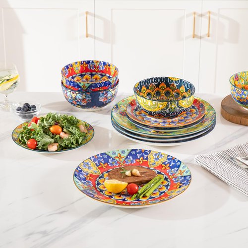 Sweejar Ceramic Dinnerware Sets for 4,12 Pieces Boho Plates and Bowls for Kitchen,Housewaring Gift,Bohemian Style Dish Set,Dishwasher and Microwave Safe(Colorful)