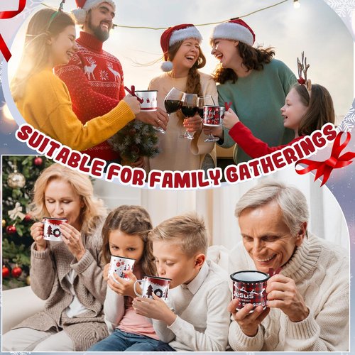 Sliner 12 Pcs Christmas Mini Coffee Mugs Bulk with Ribbon Plaid 8.5 oz Xmas Enamelware Metal Mug with Black Rim for Home Tiered Tray Table Kitchen Decoration Housewarming Gifts(Lovely)