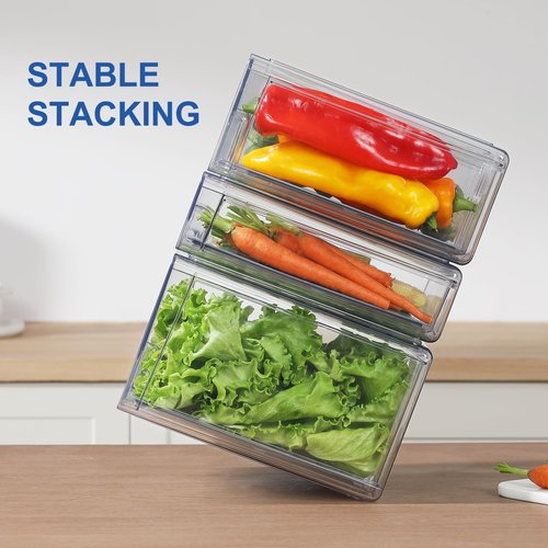 Bronkeeper Pull Out Clear Fridge Organizer Drawers with Drainer, Refrigerator Stackable Storage Bins for Kitchen Fruit & Veggie Organization (2PCS, Large)