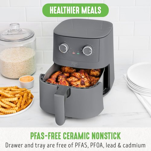 GreenLife 4.5QT Air Fryer - PFAS-Free Ceramic Nonstick, Adjustable Temp & Timer, Compact Graphite