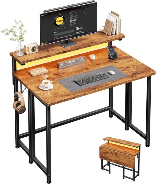 DurayLoly Folding Desk - Compact 31.5 Inch Computer Desk with Monitor Stand & LED Lights | Rustic Brown