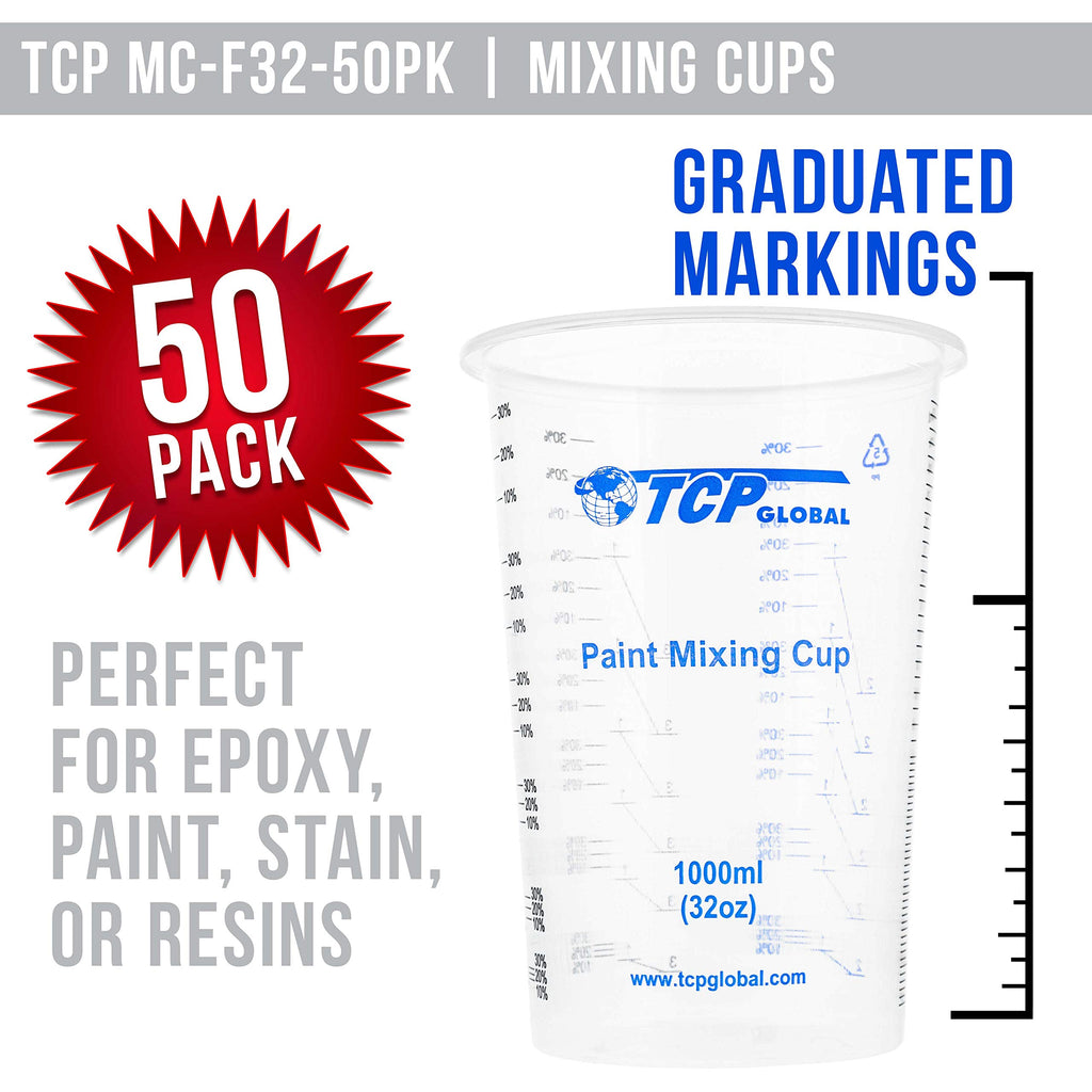 TCP Global 32 oz. (1000ml) Graduated Plastic Mixing Cups (Box of 50) - Disposable Plastic Measuring Cups for Liquids, Paints, Resin, Epoxy, Art, Kitchen - Ratios 2-1, 3-1, 4-1 ML
