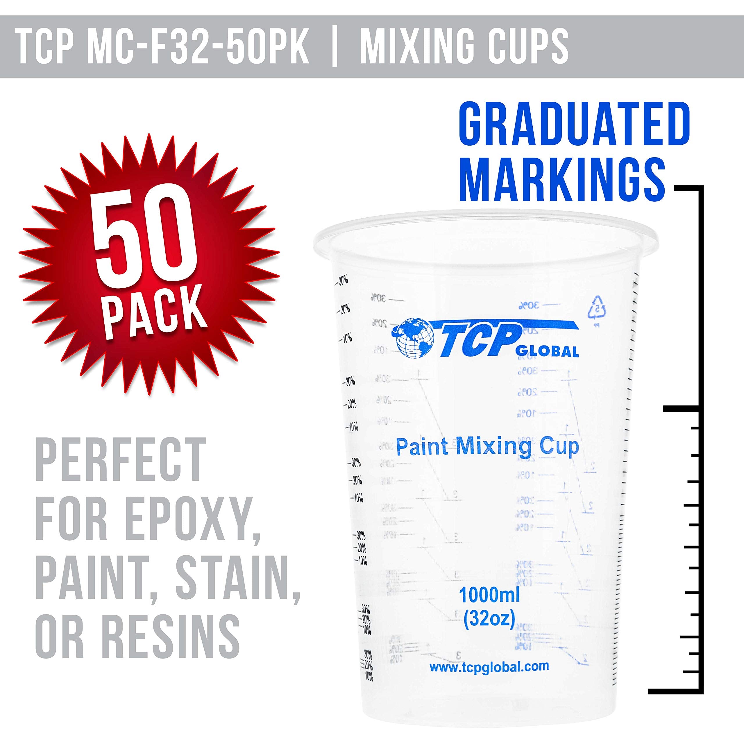 TCP Global 32 oz. (1000ml) Graduated Plastic Mixing Cups (Box of 50) - Disposable Plastic Measuring Cups for Liquids, Paints, Resin, Epoxy, Art, Kitchen - Ratios 2-1, 3-1, 4-1 ML