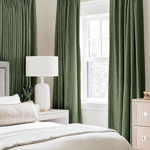 MIULEE Blackout Linen Textured Curtains - Thermal Insulated Olive Green Drapes | 52 x 54 Inch (2 Panels)