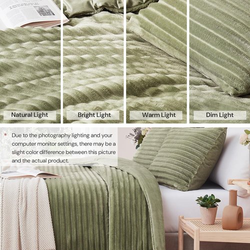Geniospin Fleece King Size Comforter Set, Soft Fuzzy Fleece King Bedding Set, 3-Pieces Green Comforter Set for All Season, Warm Fluffy Comforter with 2 Pillow Cases