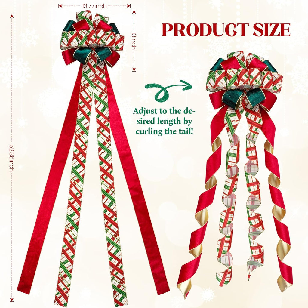 Skiennix Christmas Tree Topper Bow - 13" Large Velvet Red & Green Buffalo Plaid Decoration for Holiday & Festive Parties