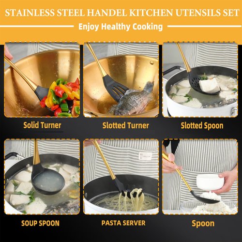 Kitchen Utensils Set, Large Non-stick Silicone Cooking Utensils Set 6 Pcs,Made of 446°F Heat Resistant Food Grade Silicone and Stainless Steel Handles,Easy to Clean Kitchen Gadgets Set (Gold)