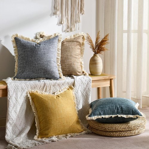Mustard Yellow Faux Linen Decorative Throw Pillow Covers 18x18 Inch Set of 2 Boho Farmhouse Pillowcases with Tassels Rustic Woven Textured Burlap Cushion Cases for Sofa Bed Living Room Home Decor