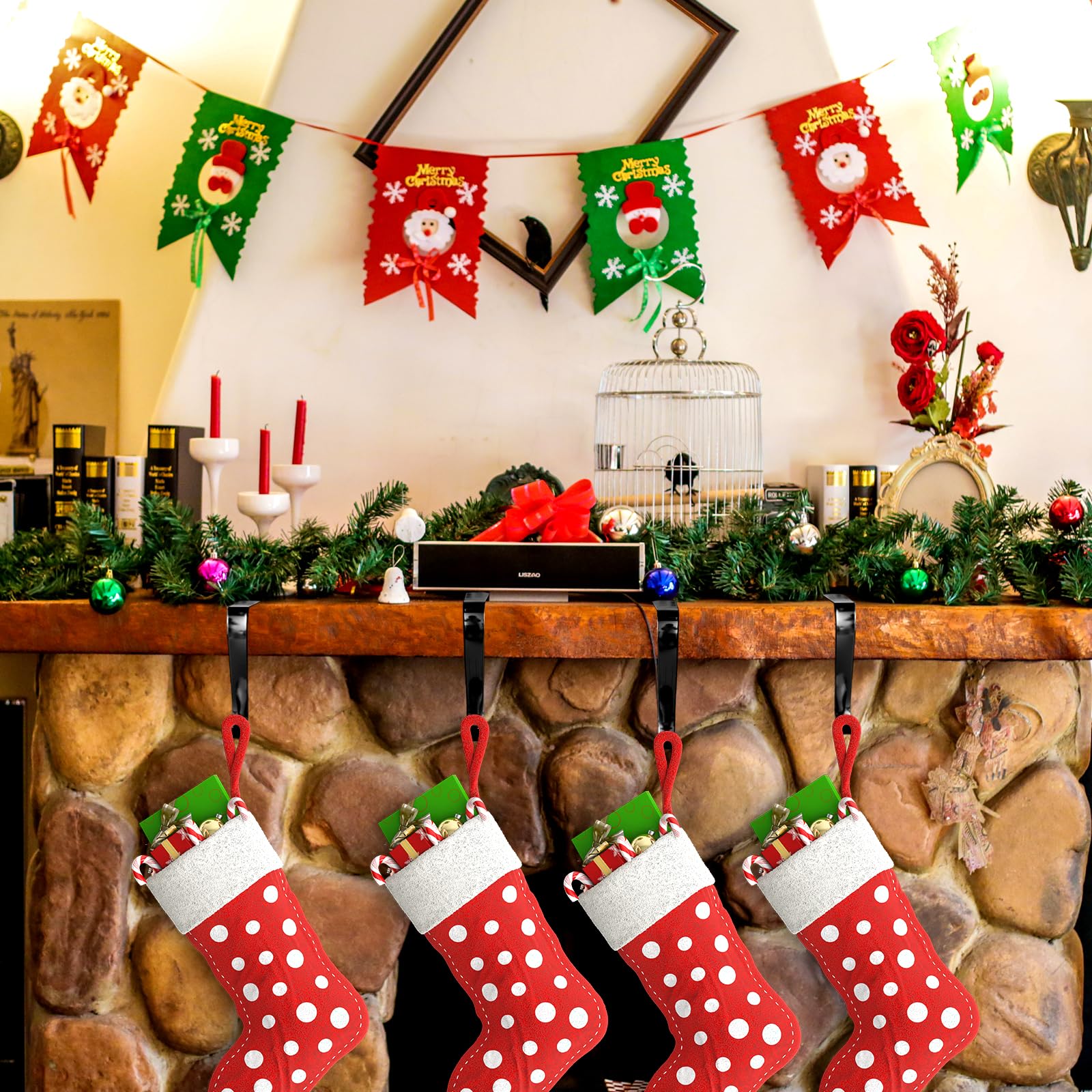 Poualss Christmas Stocking Holders Metal Stocking Hangers Non-Slip Christmas Stocking Hooks for Fireplace Mantle (Black)