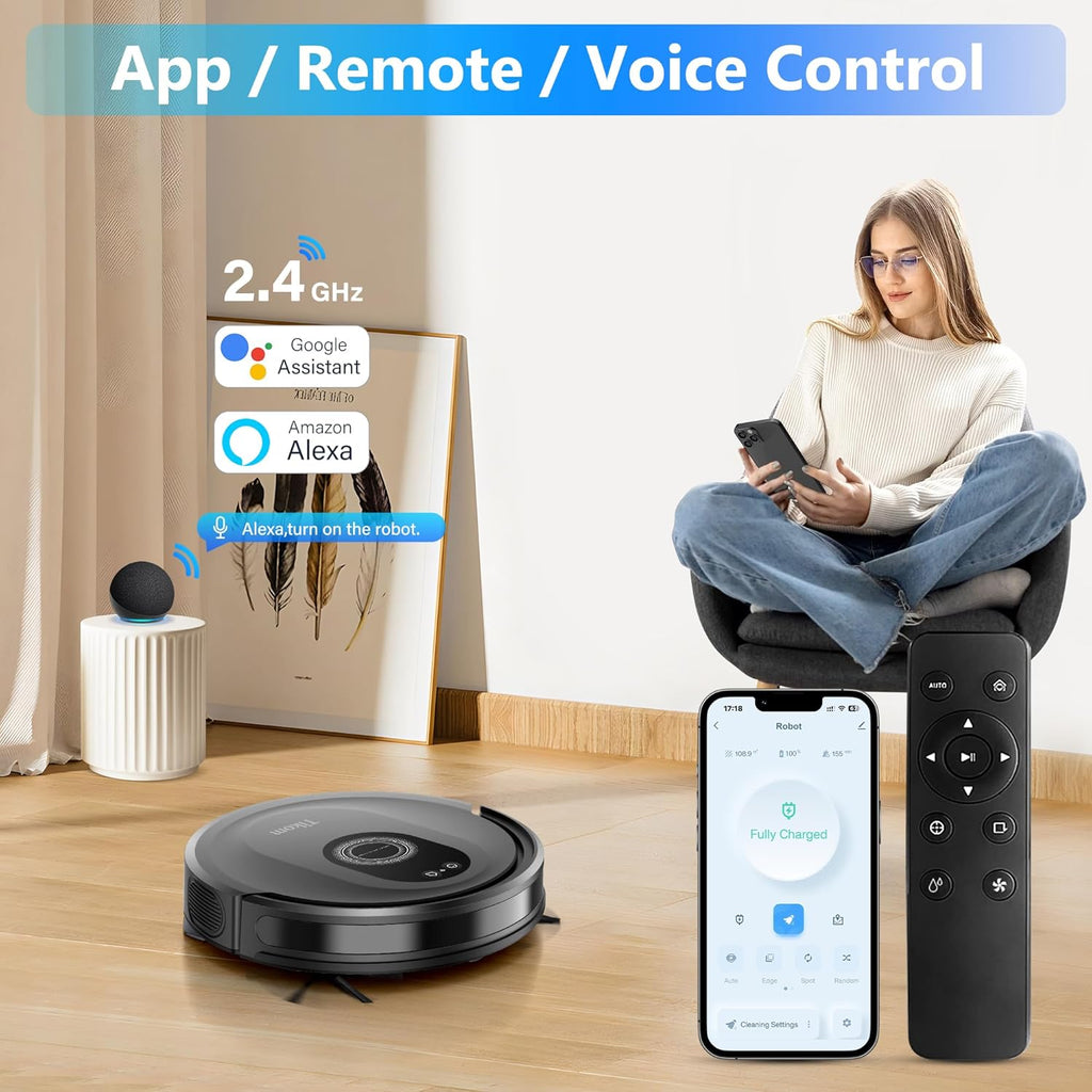 Tikom Robot Vacuum - 5000Pa Robotic Vacuum Cleaner & Mop Combo | 150 Min Runtime, App & Remote Control, Ideal for Hard Floors & Carpets