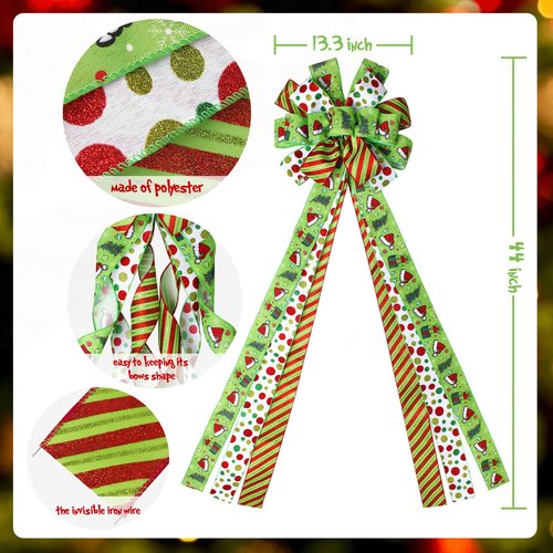 Wninbu Christmas Tree Topper Bow Wreath, 44 x 13 Inches Large Green Bow Tree Topper,Christmas Wreath for Tree Indoor/Outdoor Christmas Decoration