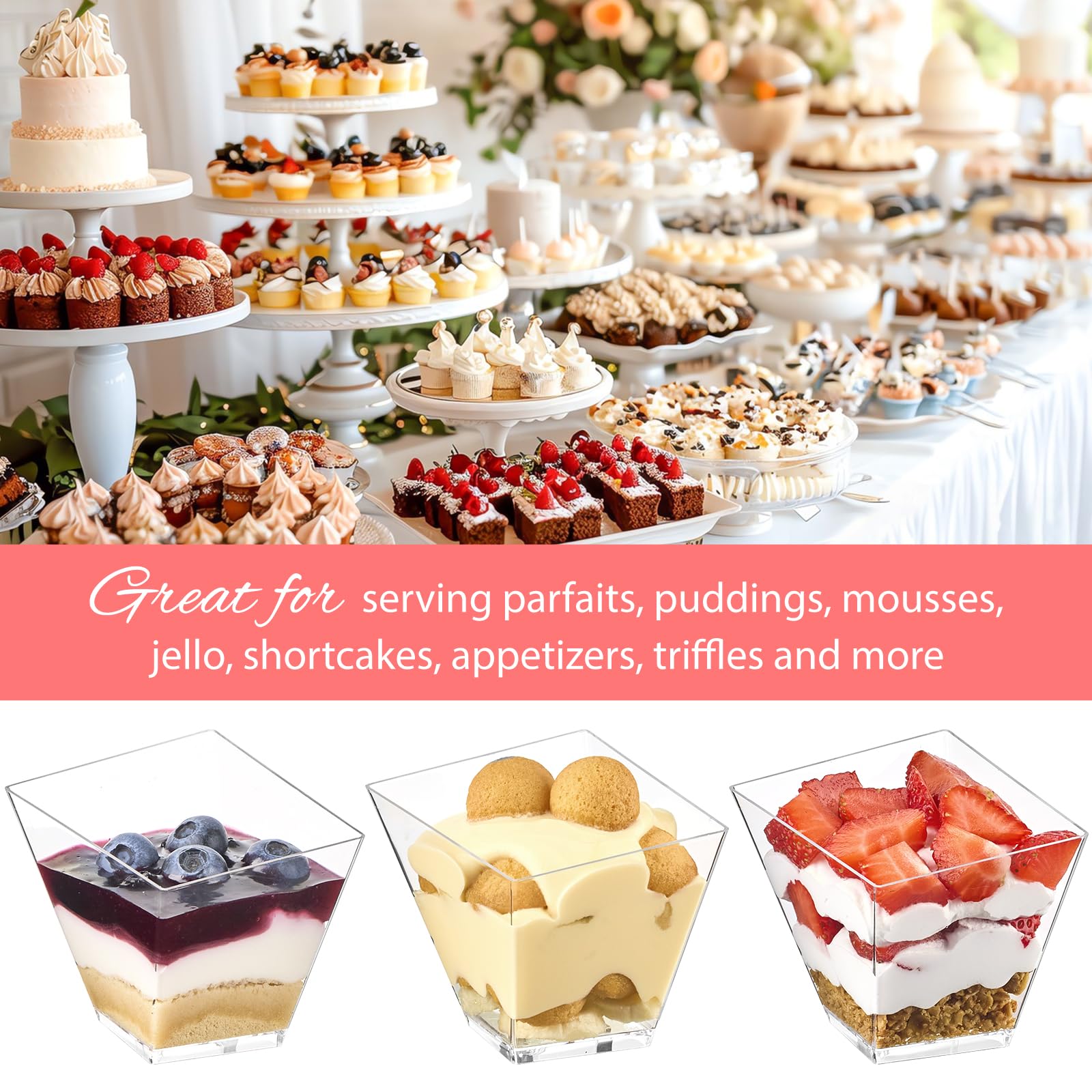 Zezzxu 4 oz Slanted Irregular Dessert Cups with Spoons, 50 Pack Mini Appetizer Cups Small Plastic Party Serving Cups for Ice Creams Mousses Puddings Parfaits Triffles