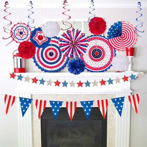 29PCS Patriotic Decorations Set by USA Flag | Red, White & Blue Paper Fans, Pennants & Streamers