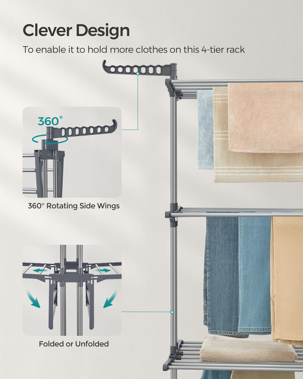 SONGMICS Clothes Drying Rack Stand 4-Tier, Foldable Laundry Drying Rack 68.1-Inch Tall, Steel, Rolling Clothes Horses Dryer Rack, Easy to Assemble, Indoor Outdoor Use, Dove Gray ULLR701G01
