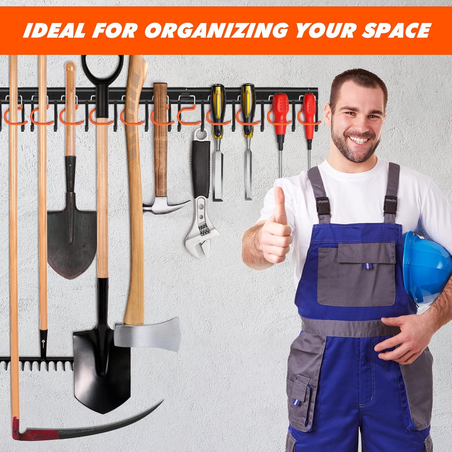TVKB 17'' Adjustable Metal Garden Tool Organizer - Heavy Duty Wall Mount Storage with Hooks