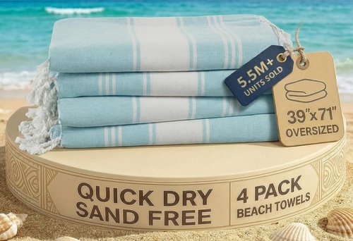 LANE LINEN Oversized Beach Towel - Quick Dry, Sand Free, Lightweight Travel Towel | 39"x71", Aqua - 4 Pack
