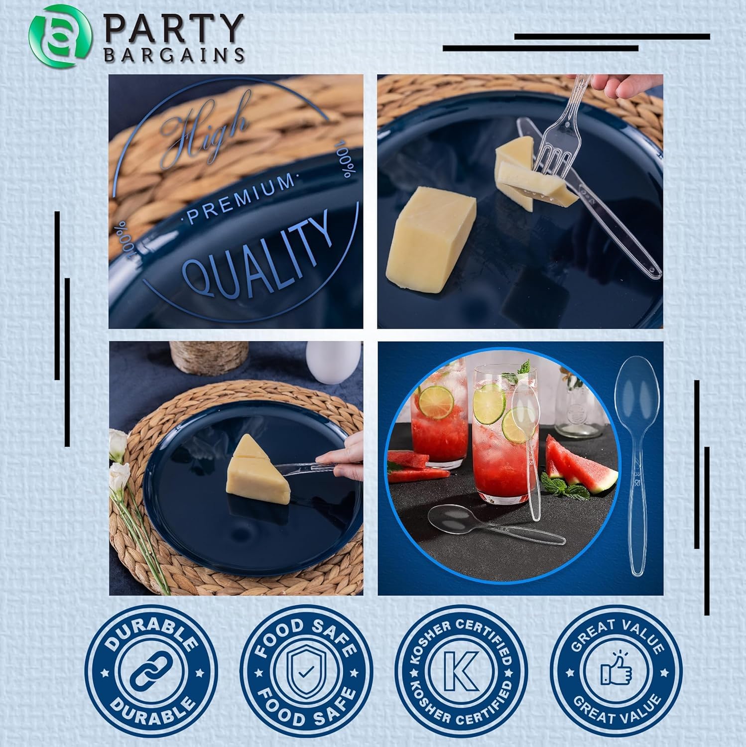 Party Bargains Disposable Cutlery Set Color: Clear Sapphire 800 Pcs: 200 Teaspoons, 200 Soupspoons, 200 Knives, 200 Forks, Heavy Duty Disposable Silverware Utensils Set for Wedding, Buffet, Luncheon