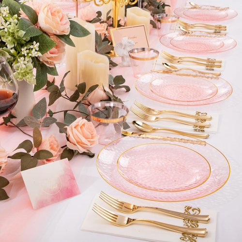 DaYammi 350 Pcs Clear Pink Plastic Plates, Hammered Disposable Dinnerware, Pink Plates Set Include 100 Plastic Platos, 150 Gold Disposable Silverware, 50 Cups And 50 Napkins for Mother's Day Party