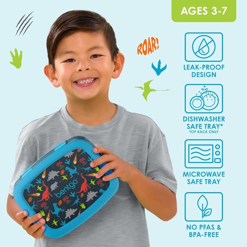 Bentgo Kids Prints Bento Lunch Box - Leak-Proof, 5-Compartment Design, Durable & Dishwasher Safe | Dinosaur