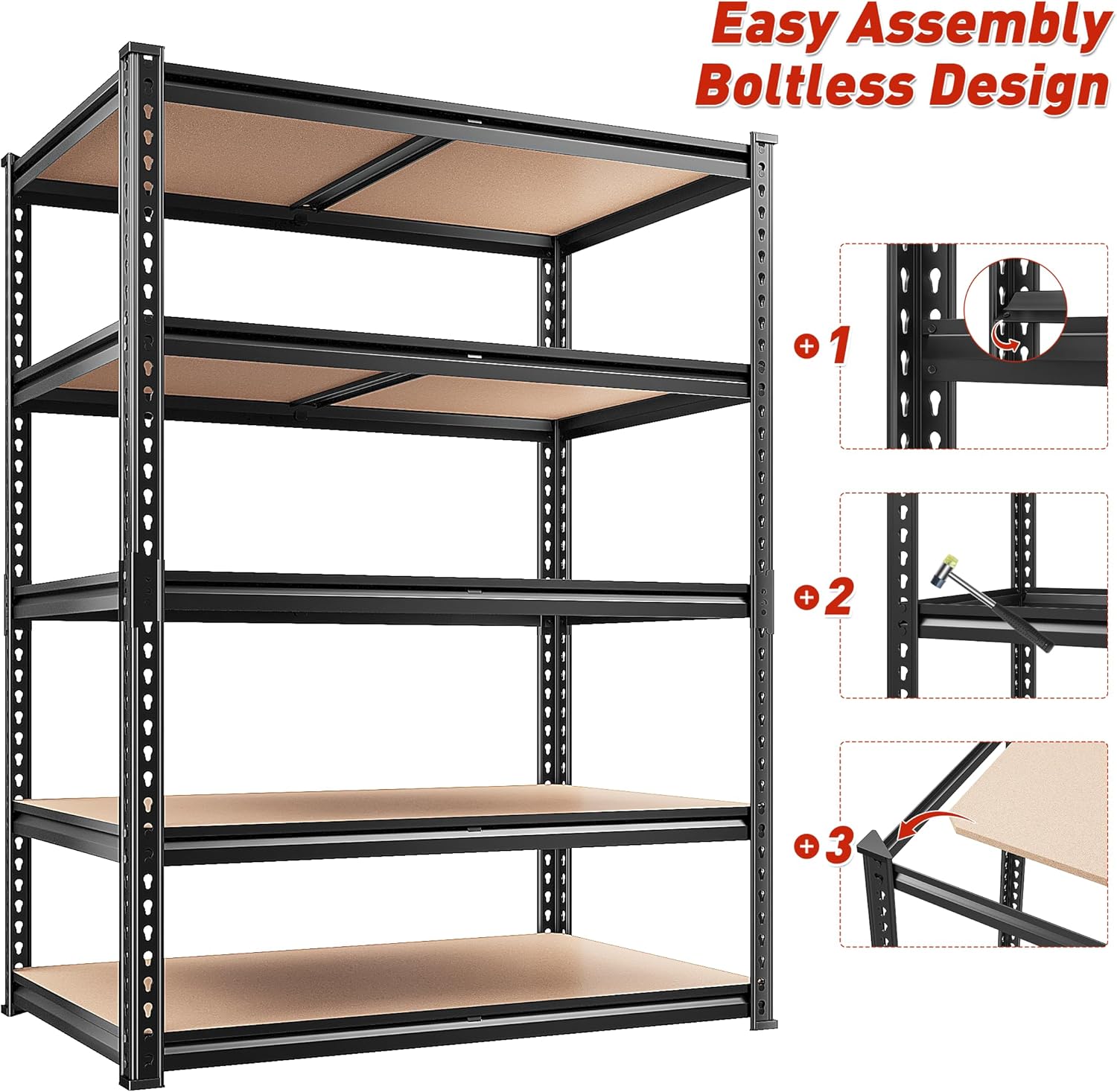 REIBII Heavy-Duty 5-Tier Storage Shelves - Adjustable Metal Shelving Unit for Garage, Basement, Pantry | 72" H x 35.55" W x 16" D, Black