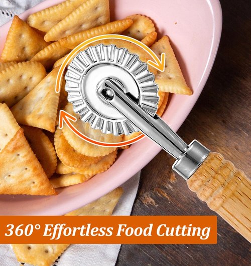 Fluted Pastry Cutter, Pasta Cutter Wheel 6.3 Inch Stainless Steel with Ergonomic Oak Handle for Pasta, Dumplings & Noodles, 360° Effortless Cutting