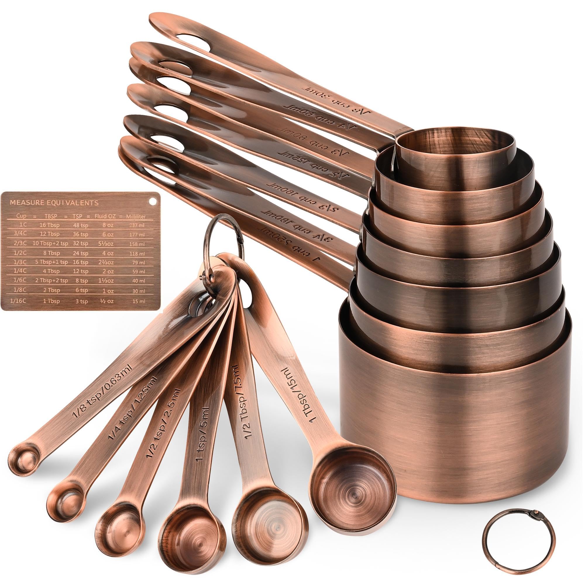 Viwehots Copper Measuring Cups and Spoons Set 16, Dry&Liquid Stainless Steel Measuring Cups and Spoons, 7 Metric&US Measing Cups & 6 Measuring Spoons & Measure Equivalents for Kitchen&Baking