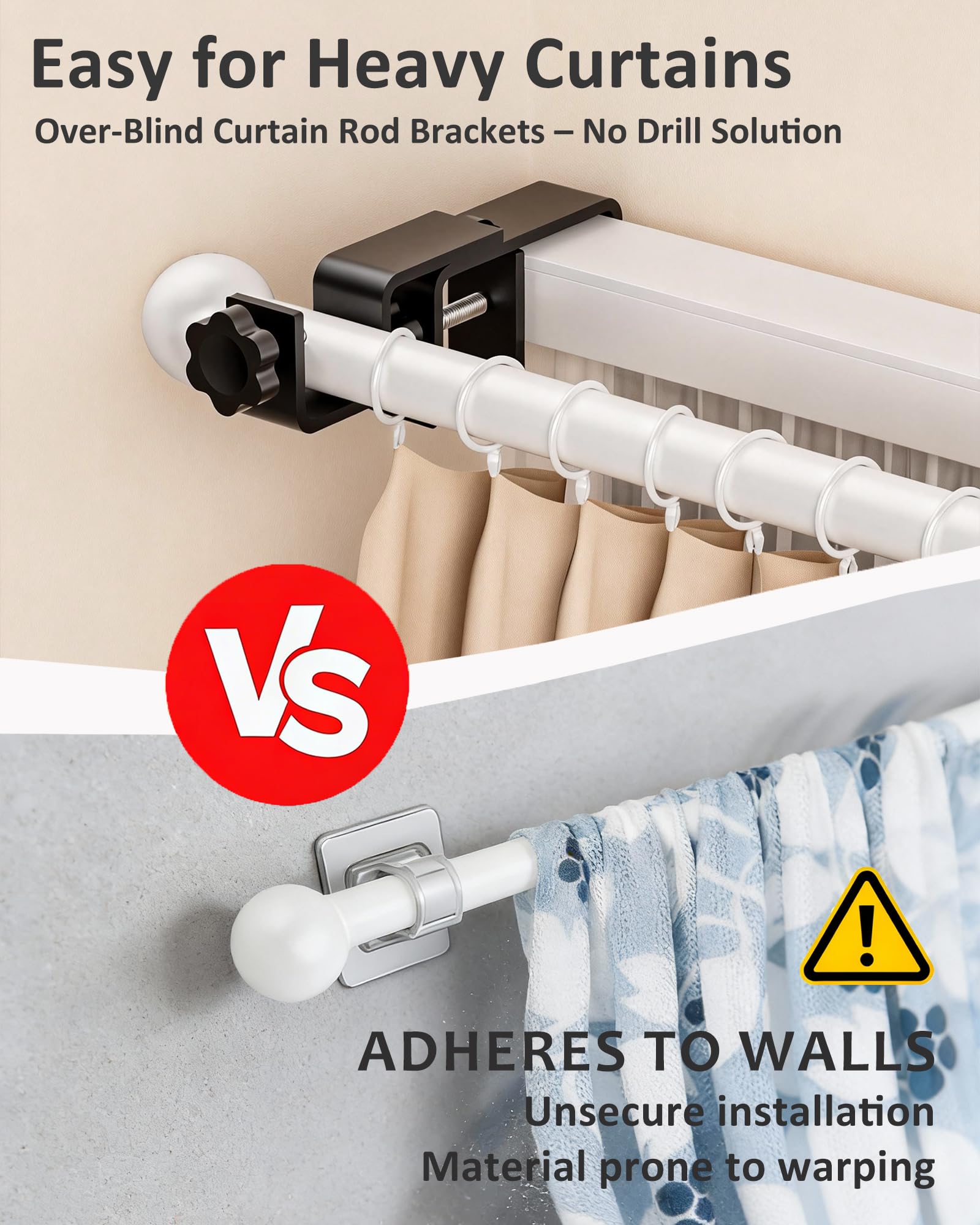 Over Blinds Curtain Rod Brackets for Outside Mounted, No-Drill Blinds Curtain Rod Holders for 1.3-2" Rectangular Headrails, Tool-Free & No Wall Damage, Apartment & Renter Friendly (Set of 3, Black)