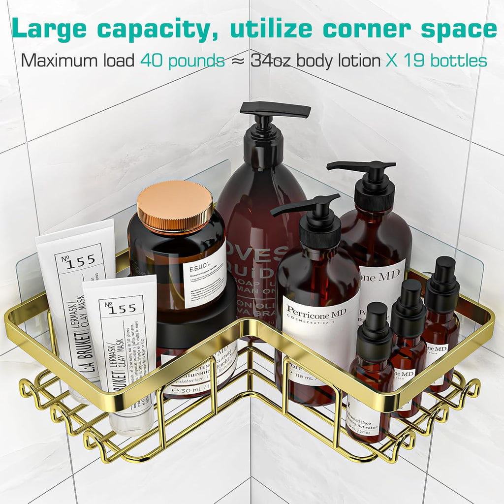 YASONIC Corner Shower Caddy - 3-Pack Adhesive Bathroom Organizer with Soap Holder & 12 Hooks | Rustproof Stainless Steel, Gold