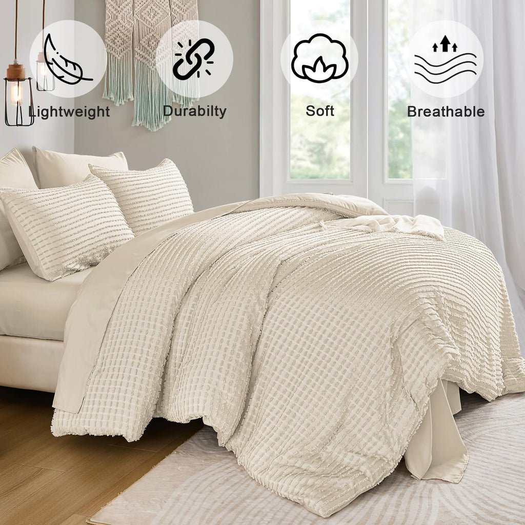 Yiran 7 Piece Beige Comforter Set King Bed in a Bag Tufted Texture Striped Boho Comforter Set Fluffy Jacquard Geometric Bedding Set 104"×90"