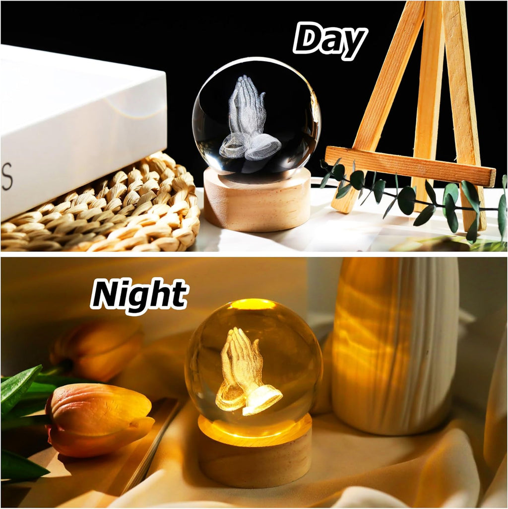 3D Hands Prayer Crystal Ball by [Brand Name] - Religious Glass Figurine with Wooden Base | 2.36-Inch Night Light for Home Decor