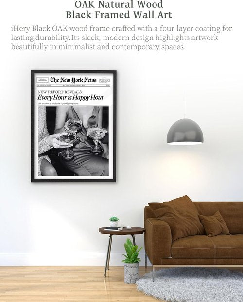 iHery Premium Framed Wall Art - Trendy Natural Black Oak Canvas Decor for Every Hour | 16x20in