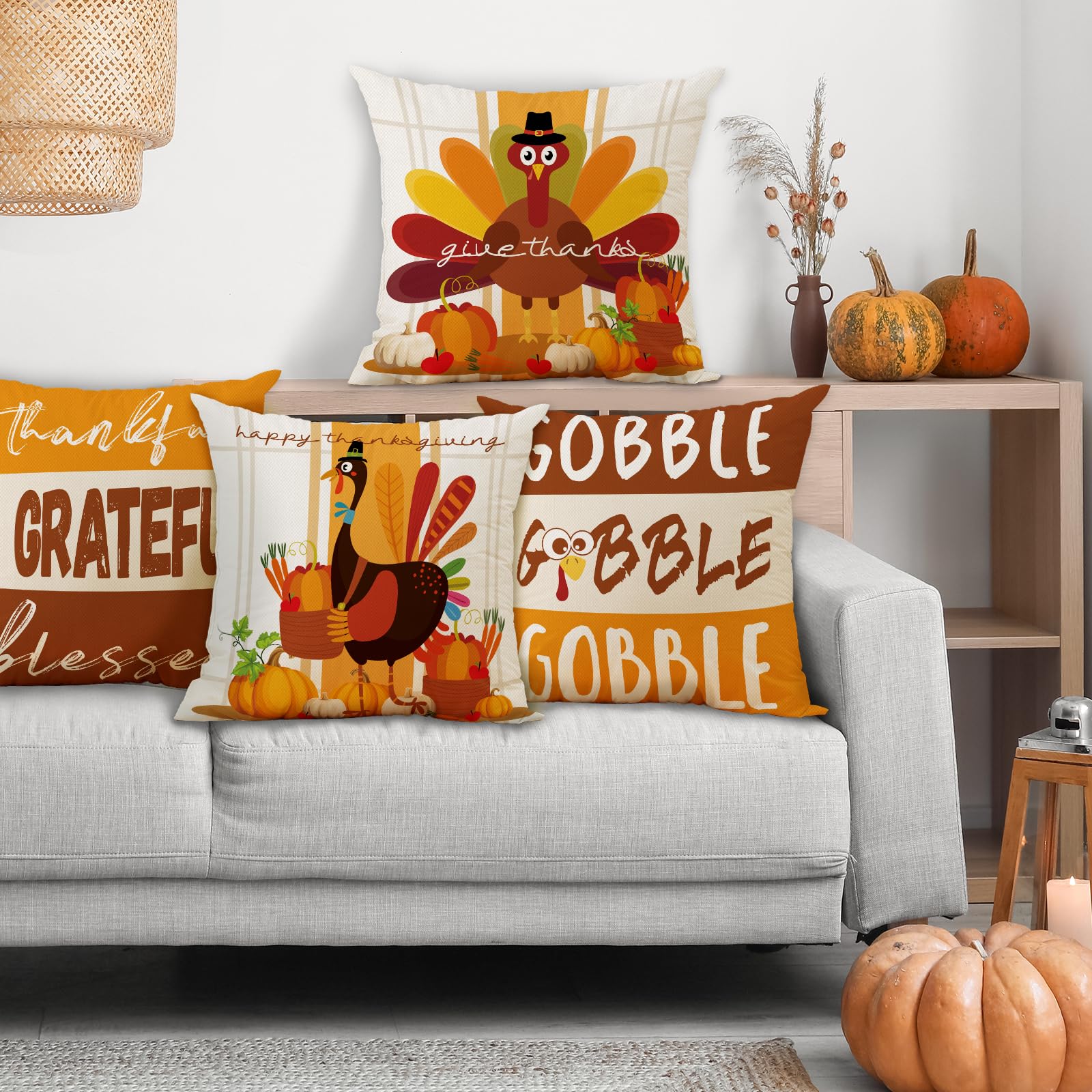 MEHOFOND Thanksgiving Pillow Covers 18x18 Set of 4, Fall Throw Pillow Covers Turkey Pumpkin Orange Farmhouse Home Decor Pillowcase Give Thanks Cushion Case for Sofa Couch