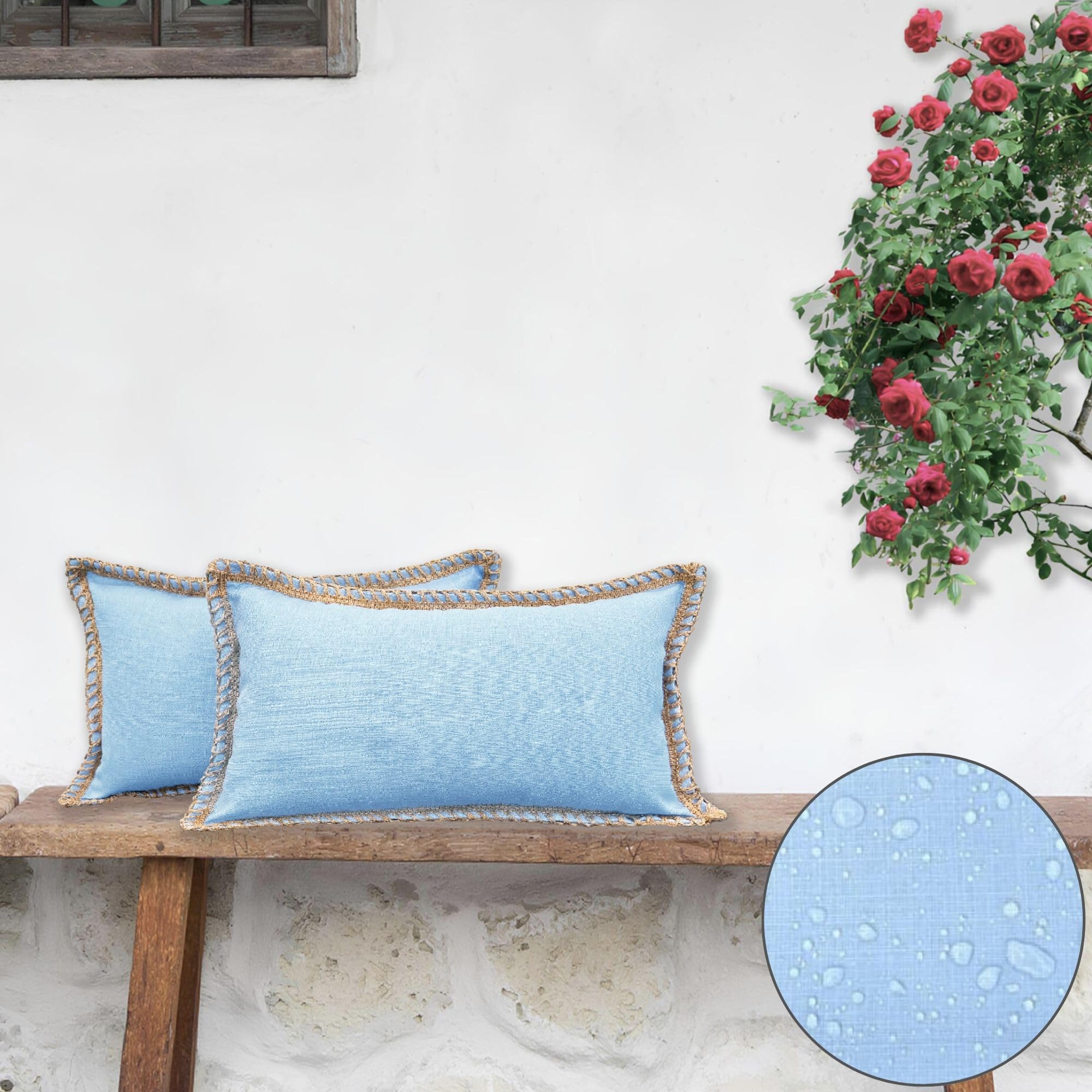 HER HWA Outdoor Lumbar Pillow Covers ONLY Linen Border, 20x12 Inches, Pack of 2 – Water-Resistant, Smooth Zipper, Durable Polyester for Outdoor/Indoor Decor, Machine Washable (Light Blue)