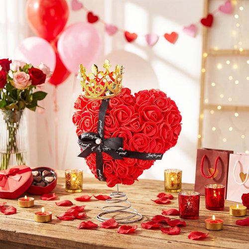 Capoda Valentine's Day Tree Topper Red Rose Heart Topper with Bows Decorations for Mini Christmas Tree 8 Inch Heart Treetop Ornaments for Valentines Galentines Day Holiday Wedding Party Supplies(Rose)