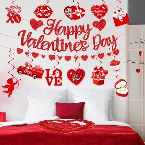 Valentines Day Decorations, Valentine Day Party Supplies includes Happy Valentine‘s Banner Red Heart Pendant Heart Chocolate Hanging Swirls, Love Decorations for Home Office Wedding Anniversary