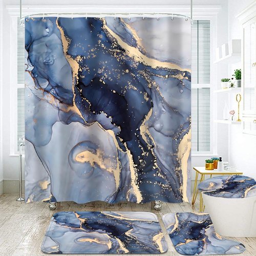 Nkzply 4 Pcs Blue Marble Shower Curtain Set Modern Abstract Bathroom Sets with Shower Curtain and Rugs Gold Fabric Shower Curtains for Bathroom Decor Accessories with Bath Rugs Toilet Lid Cover Hooks