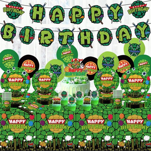 104pcs Birthday Decorations Tableware Set for 20 Guests Include Banner ,Paper Plates of 2 Size,Napkins and Paper Cups,Cake Topper,Balloons and Plastic Tablecloth