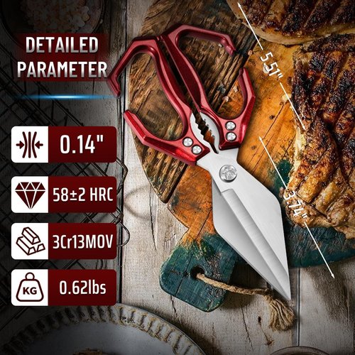 Dream Reach Poultry Shears - Heavy Duty Kitchen Scissors for Food with Ergonomic Handle, Japanese High-Carbon Steel Culinary Shears for Chicken, Meat, Seafood, Bone Cutting, Christmas Gifts (Red)