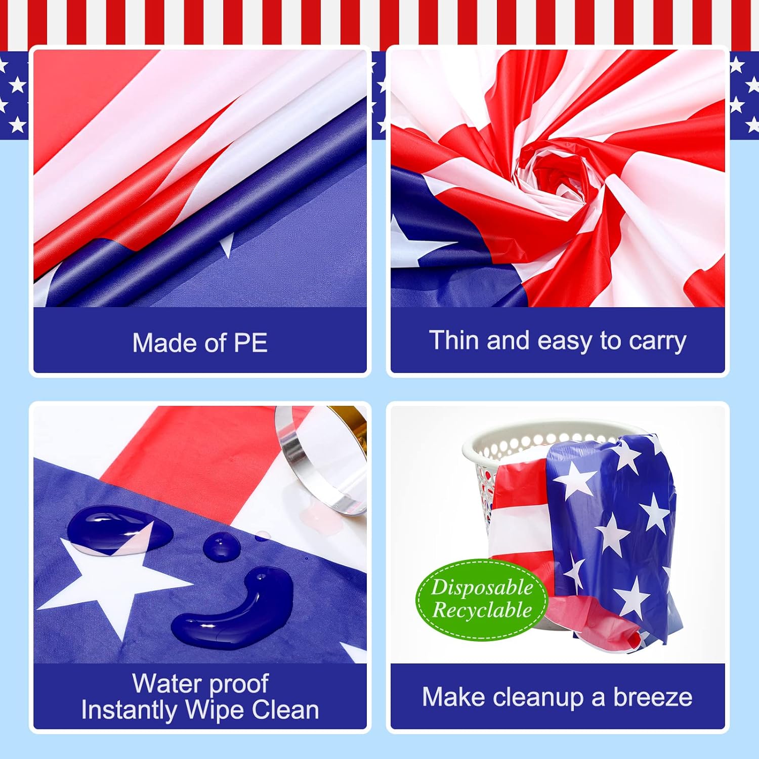 Regine Switzerland 30-Piece 4th of July Tablecloth Set - 54 x 108 Inch Red, White & Blue Disposable Covers for Patriotic Celebrations
