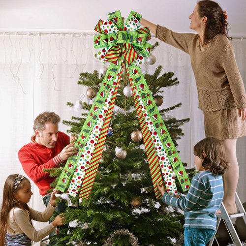 Wninbu Christmas Tree Topper Bow Wreath, 44 x 13 Inches Large Green Bow Tree Topper,Christmas Wreath for Tree Indoor/Outdoor Christmas Decoration