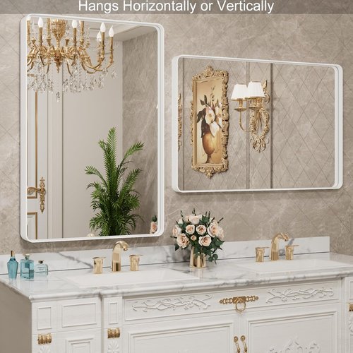 LOAAO Bathroom Mirror - 48x36 Inch White Metal Framed | Large Rounded Rectangle, Anti-Rust, Tempered Glass