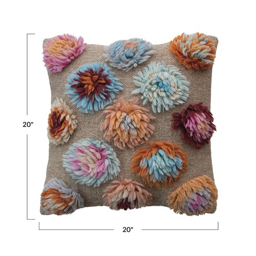 Creative Co-Op Square Woven New Zealand Wool Shag and Cotton Pillow, Multicolor