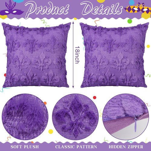 Tegeme Set of 2 Mexican Pillow Cover 18 x 18 Inch Mexican Themed Throw Plush Faux Fur Wool Pillow Case with Purple Fleur De Lis Decor for Home Sofa Couch Bedroom Living Room Cushion Cover