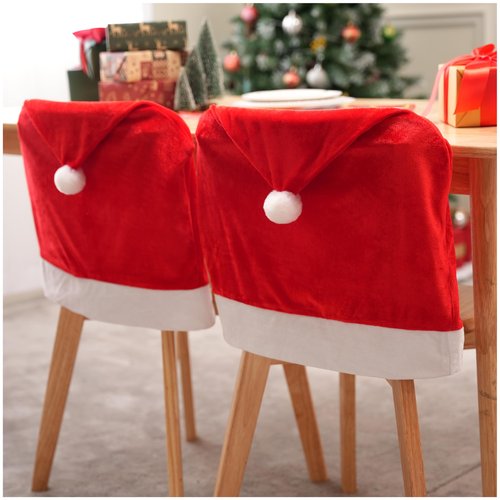 JOYIN 4 Pcs Christmas Chair Cover, Red Santa Hat Chair Slipcovers for Christmas Holiday Festival Decoration, Santa Claus Chair Back Covers, Xmas Indoor Decor Ornaments Set